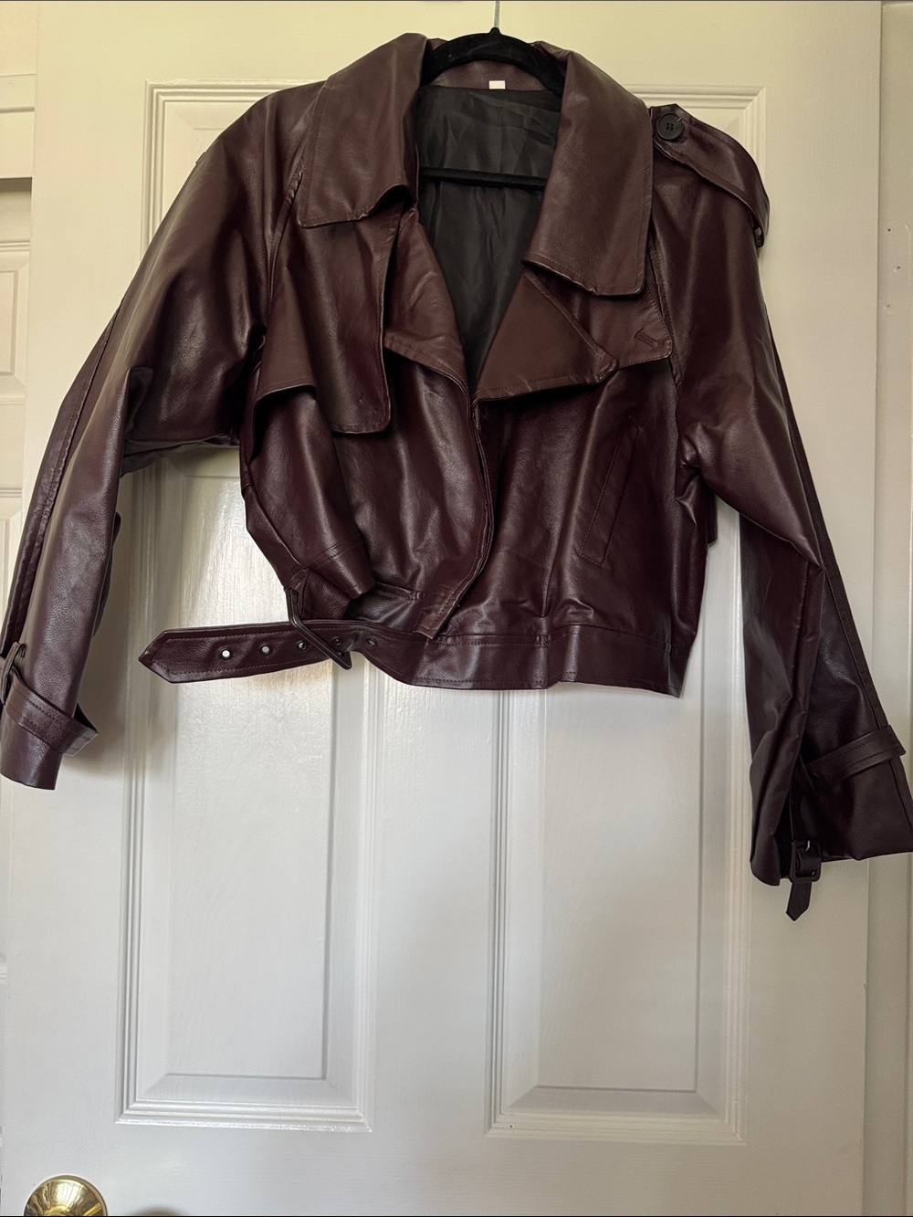 Women’s Vegan Leather Cropped Trench Jacket - Burgundy